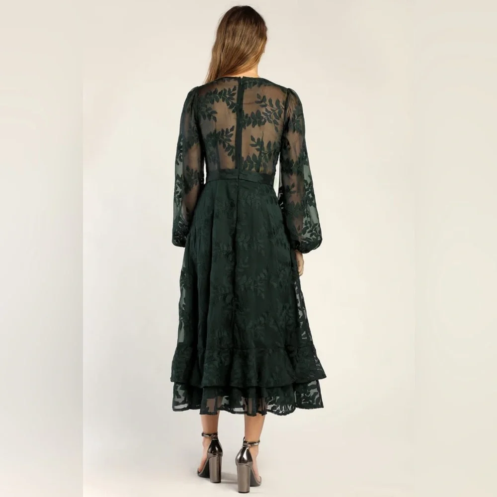 NWT Lulus Spectacular Feeling Emerald Embroidered Faux Wrap Midi Dress - Small - Picture 3 of 10